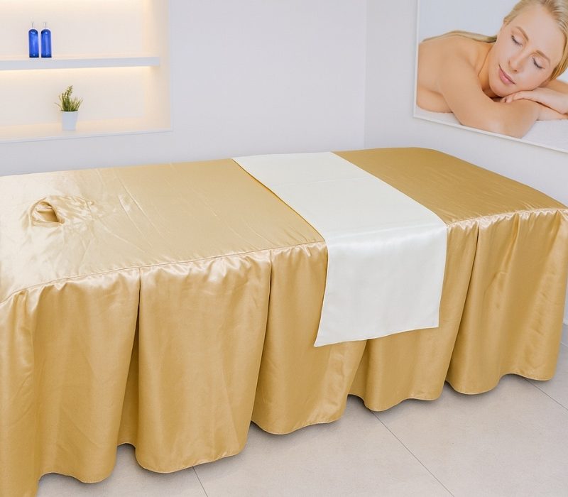 Drap Giường Spa Chất Liệu Lụa Hàn Quốc Màu Vàng Kem Kèm Chăn Phủ Màu Trắng