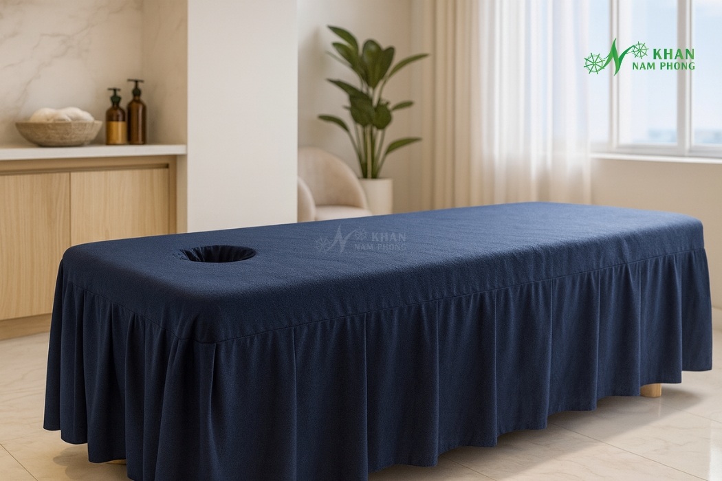 Ga Giường Spa Chất Liệu Thun Gấm Màu Xanh Navy Kèm Gối May Đo Theo Yêu Cầu
