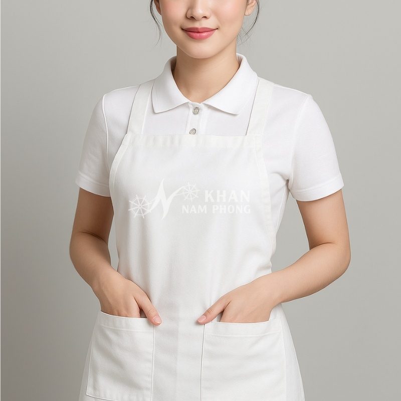 Tạp Dề Spa Màu Trắng Trơn Chất Liệu Kaki Cổ Vuông Freesize