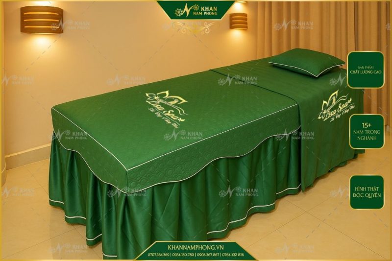 bo grap giuong spa cotton chan bong mau xanh la theu logo theo yeu cau