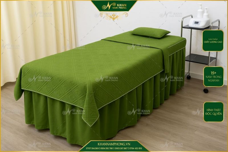 drap giuong cotton chan bong spa mau xanh la