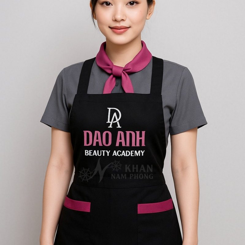 Tạp Dề Đào Tạo Thẩm Mỹ Màu Đen Phối Hồng Cotton Lạnh Cổ Vuông Freesize Thêu Logo Dao Anh