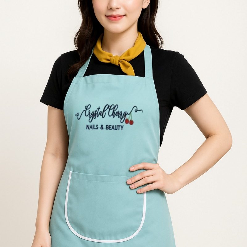 Tạp Dề Nails & Beauty Màu Xanh Mint Cotton Lạnh Cổ Vuông Freesize Thêu Logo Crystal Cherry