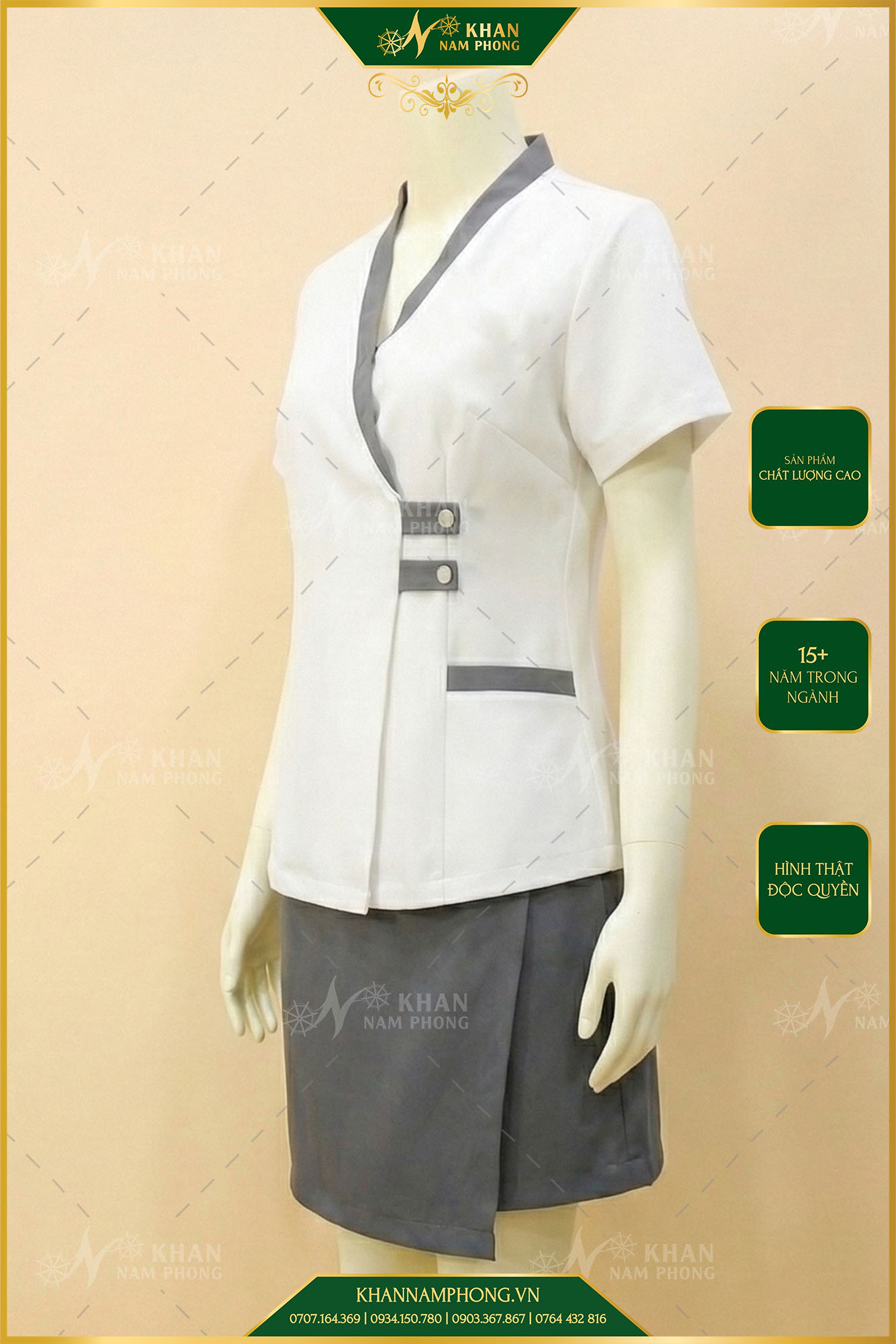 Đồng Phục Spa Màu Trắng Gạo Chất Liệu Cotton Nhật Thêu Logo Hoàng Trầm Massage Đồng Phục Spa Màu Trắng Gạo Chất Liệu Cotton Nhật Thêu Logo Hoàng Trầm Massage