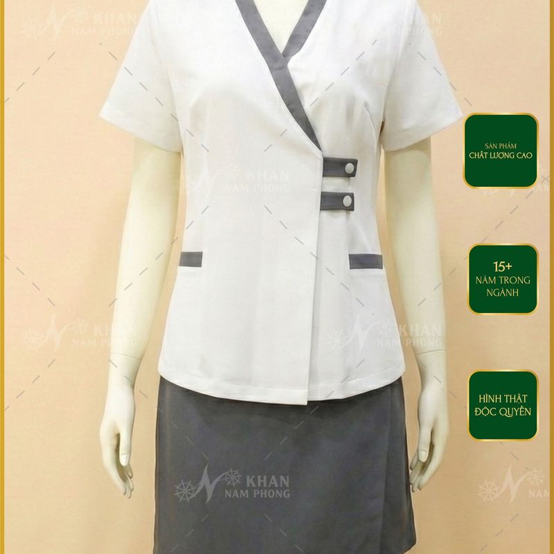 Đồng Phục Spa Màu Trắng Gạo Chất Liệu Cotton Nhật Thêu Logo Hoàng Trầm Massage