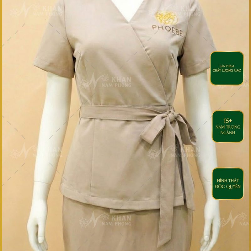 Quần Áo Đồng Phục Spa Màu Xám Nhạt Chất Liệu Cotton Nhật Thêu Logo Pho Ebe