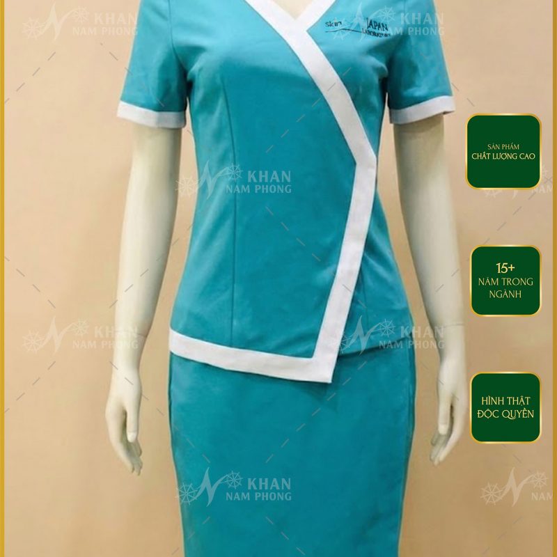 Váy Đồng Phục Spa Màu Xanh Da Trời Chất Liệu Cotton Nhật Thêu Logo Skin Japan Laboratory