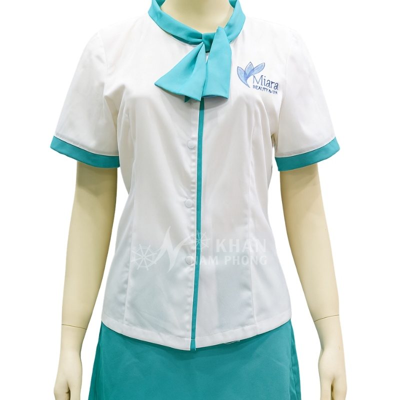 Đồng Phục Spa Màu Trắng Cotton Nhật Thêu Logo Miara Beauty & Spa