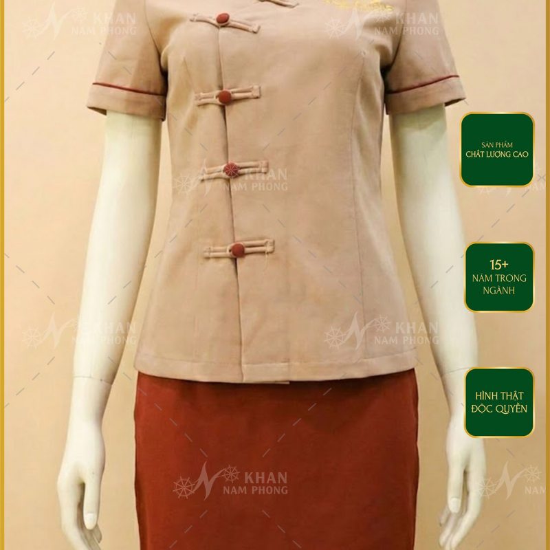 Váy Đồng Phục Spa Màu Nâu Chất Liệu Cotton Lạnh Thêu Logo MỘC CHÂU SPA