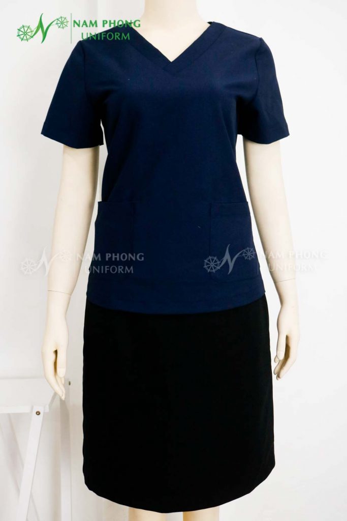 Váy Đồng Phục Spa Nữ Màu Xanh Cổ Tim Màu Xanh Than Cotton Nhật