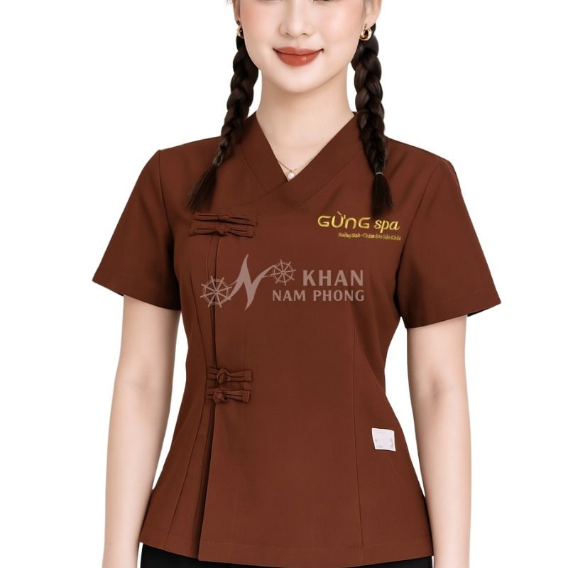 Quần Áo Đồng Phục Spa Áo Nâu Cách Tân Quần Suông Đen Cotton Nhật Cao Cấp Thêu Logo