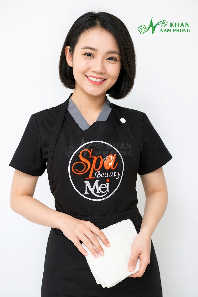 Tạp Dề Nail Màu Đen Cotton Lạnh Cổ Yếm Freesize Thêu Logo Spa Beauty Mei
