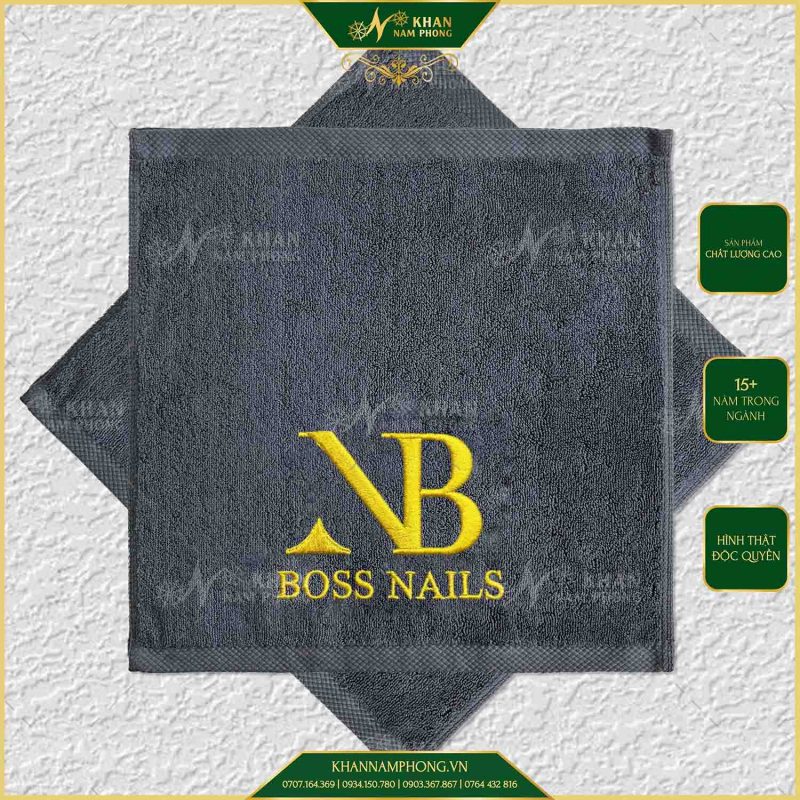 Khăn Nails Cotton Cao Cấp Màu Xám Thêu Logo Boss Nails - KT 34x34cm, 40x60cm