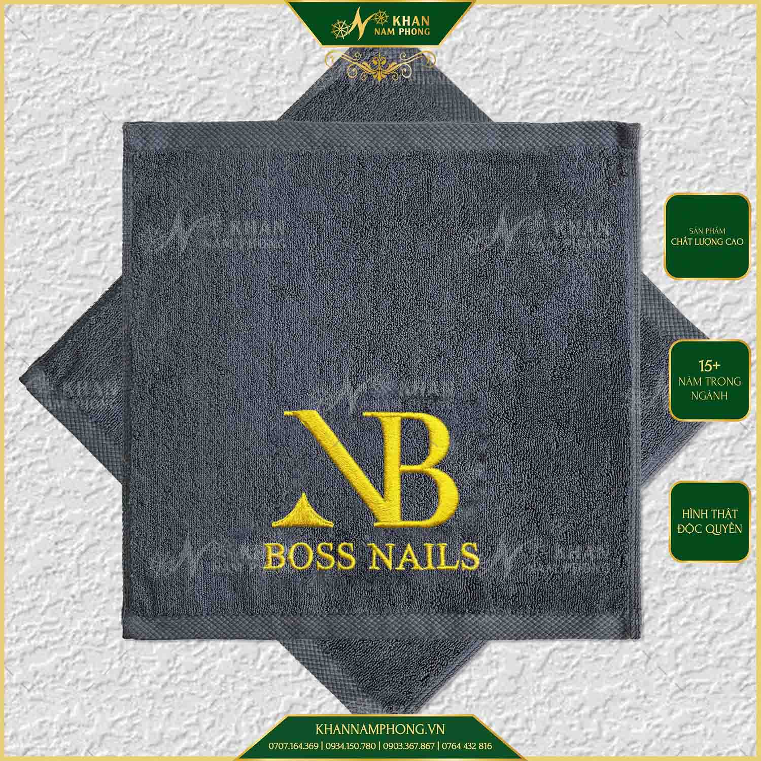 Khăn Nails Cotton Cao Cấp Màu Xám Thêu Logo Boss Nails - KT 34x34cm, 40x60cm Khăn Nails Cotton Cao Cấp Màu Xám Thêu Logo Boss Nails - KT 34x34cm, 40x60cm