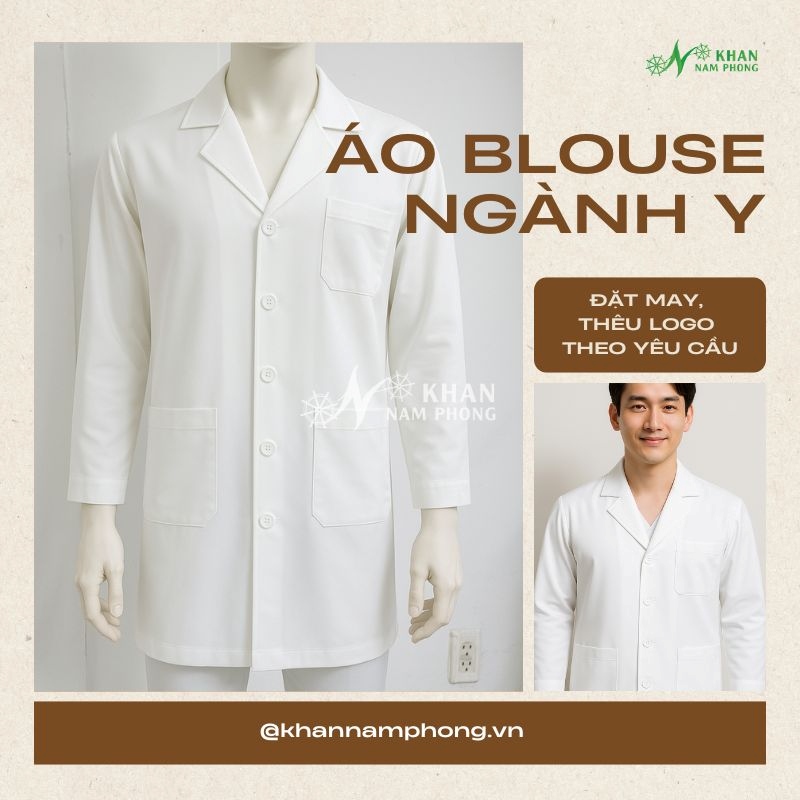 Áo blouse ngành y màu trắng cho nam - đặt may, thêu logo theo yêu cầu