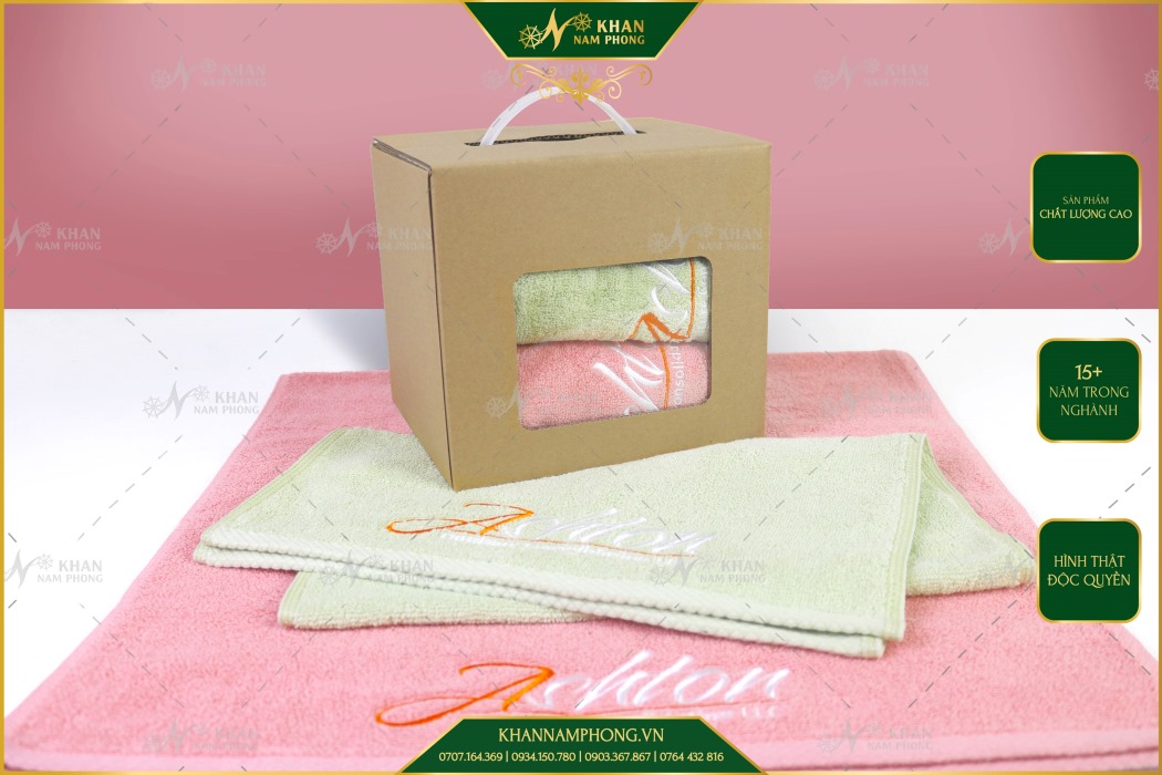 Set 2 khăn tắm làm quà tặng công đoàn thêu logo + đóng gói có quai xách tiện lợi