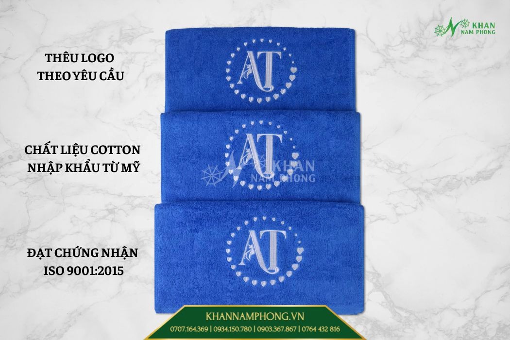 Khăn spa cotton màu xanh dương thêu logo số lượng lớn- giá tại xưởng