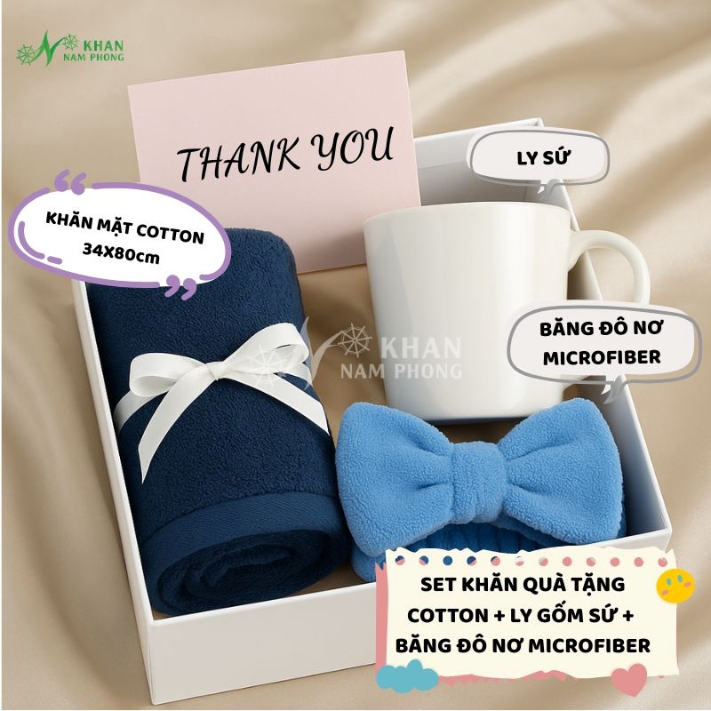 Set khăn mặt cotton 34x80cm + băng đô + ly sứ làm quà tặng thầy cô giáo dịp cuối năm