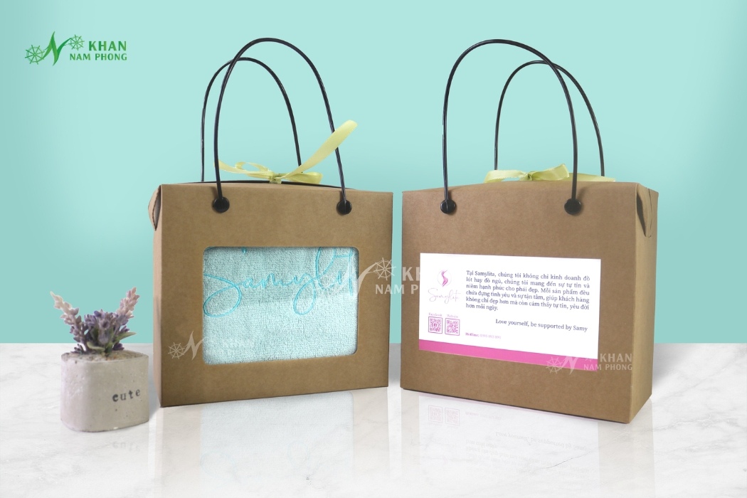 Set khăn quà tặng màu xanh ngọc cotton cao cấp ngày 20/10 cho công nhân, nhân viên uy tín, đóng hộp kraft có quai xách