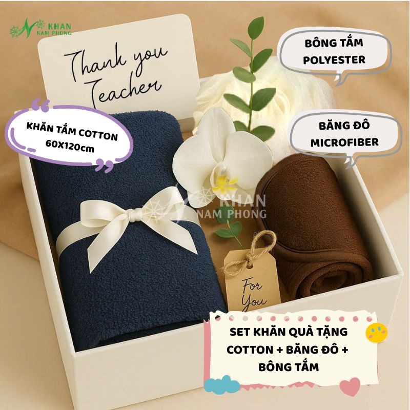 Set khăn tắm 60x120cm cotton + bông tắm + băng đô làm quà tặng thầy cô giáo dịp cuối năm
