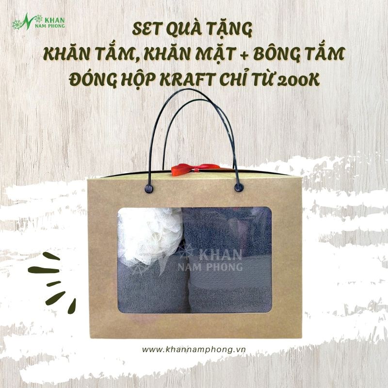 Set quà tặng khăn mặt + khăn tắm + bông tắm đóng hộp kraft chỉ từ 200k