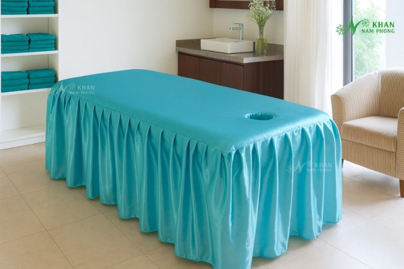 Ga Trải Giường Nối Mi, Phun Xăm, Spa, TMV Có Lỗ Màu Xanh Ngọc Nhạt Chất Liệu Lụa Hàn Quốc
