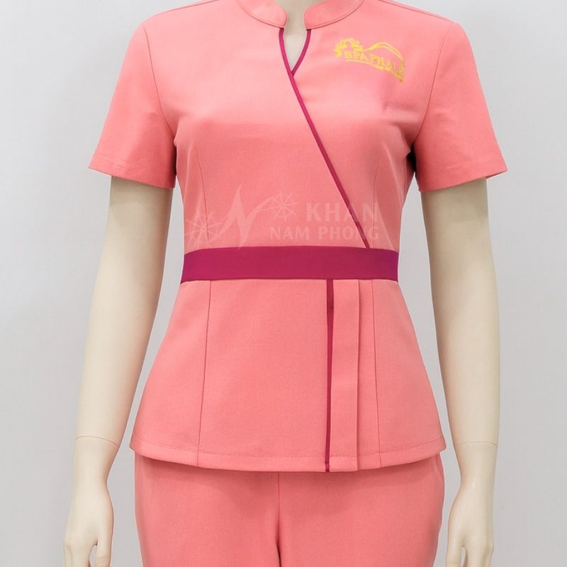 Quần Áo Đồng Phục Spa Nữ Màu Hồng Cam Thêu Logo Spa Pha Lê