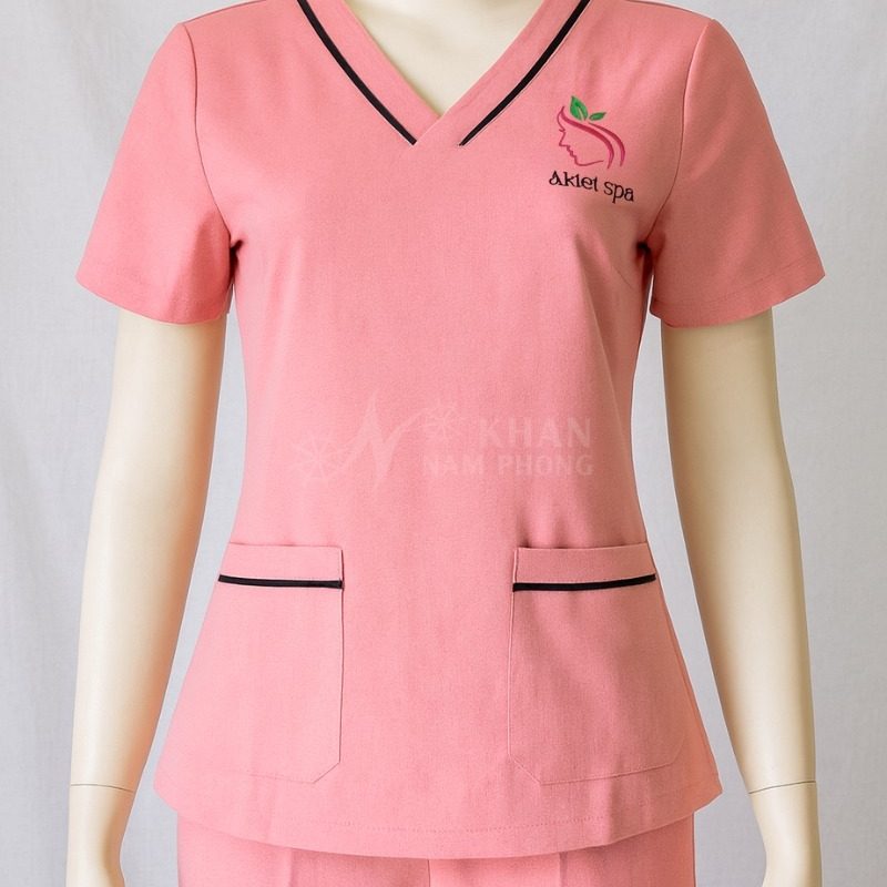 Quần Áo Đồng Phục Spa Nữ Màu Hồng Cotton Nhật Thêu Logo Akiet Spa chất liệu Cotton Lạnh Khăn Nam Phong