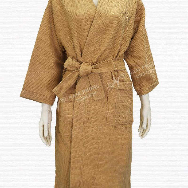 Áo Choàng Tắm Tổ Ong Cotton Màu Da Bò Kiểu Dáng Kimono