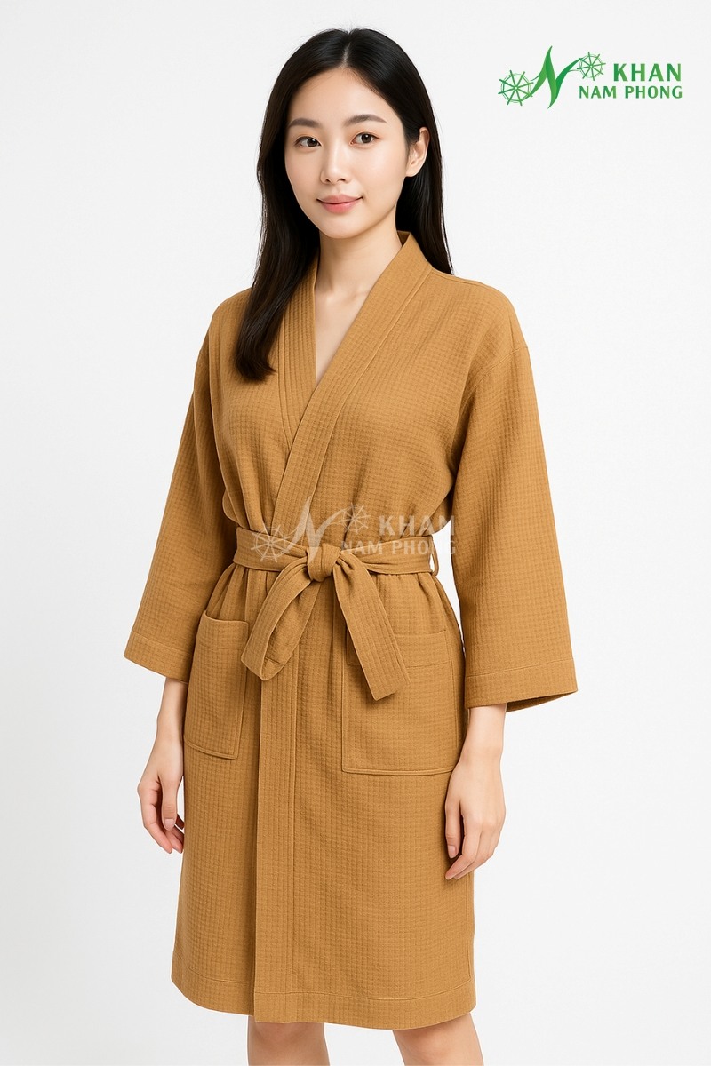 Áo Choàng Tắm Tổ Ong Cotton Màu Da Bò Kiểu Dáng Kimono