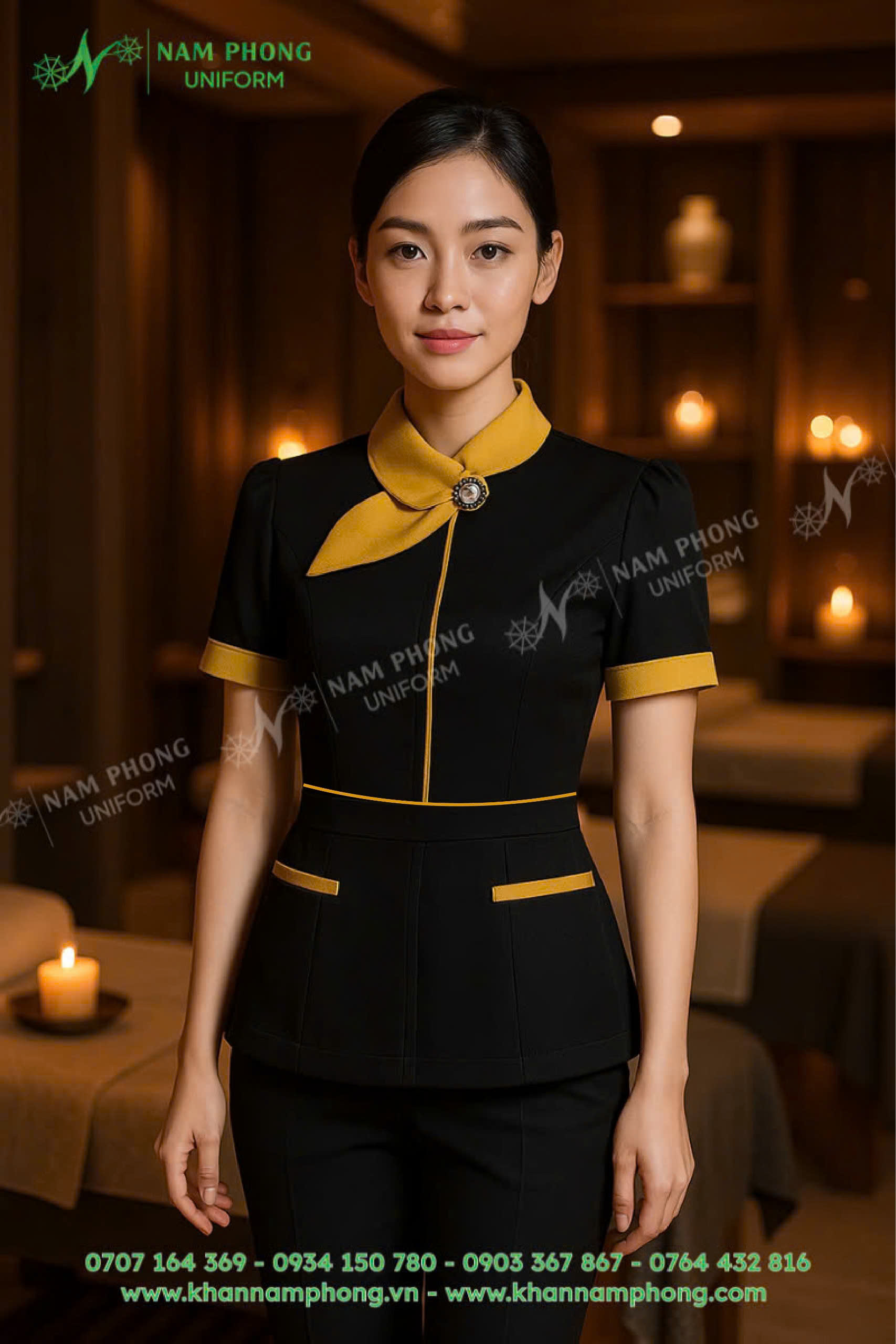 Đồng phục spa kiểu dáng peplum che khuyến điểm màu đen