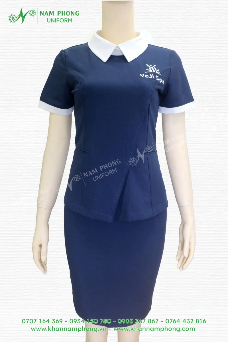 Đồng phục spa, massage màu xanh navy thêu logo
