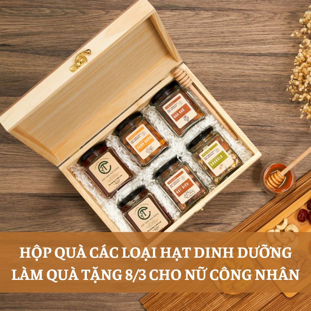 Hộp quà và các loại hạt dinh dưỡng làm quà tặng 8/3 cho nữ công nhân Hộp quà và các loại hạt dinh dưỡng làm quà tặng 8/3 cho nữ công nhân