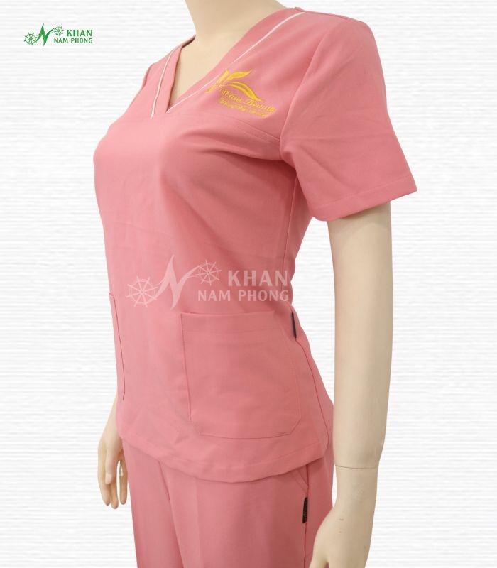 Đồng phục massage cotton lạnh màu hồng tay ngắn, cổ V tại Gò Vấp