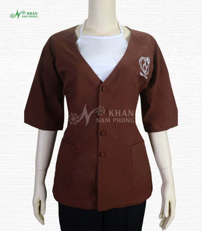 Đồng phục massage Nam Phong cotton lạnh nâu tay lỡ phối yếm rời tại Gò Vấp