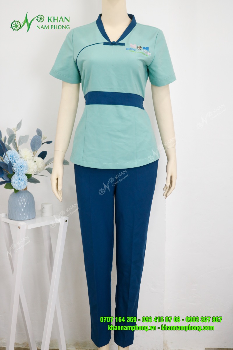 Đồng phục spa massage màu xanh ngọc cotton Nhật tại Gò Vấp