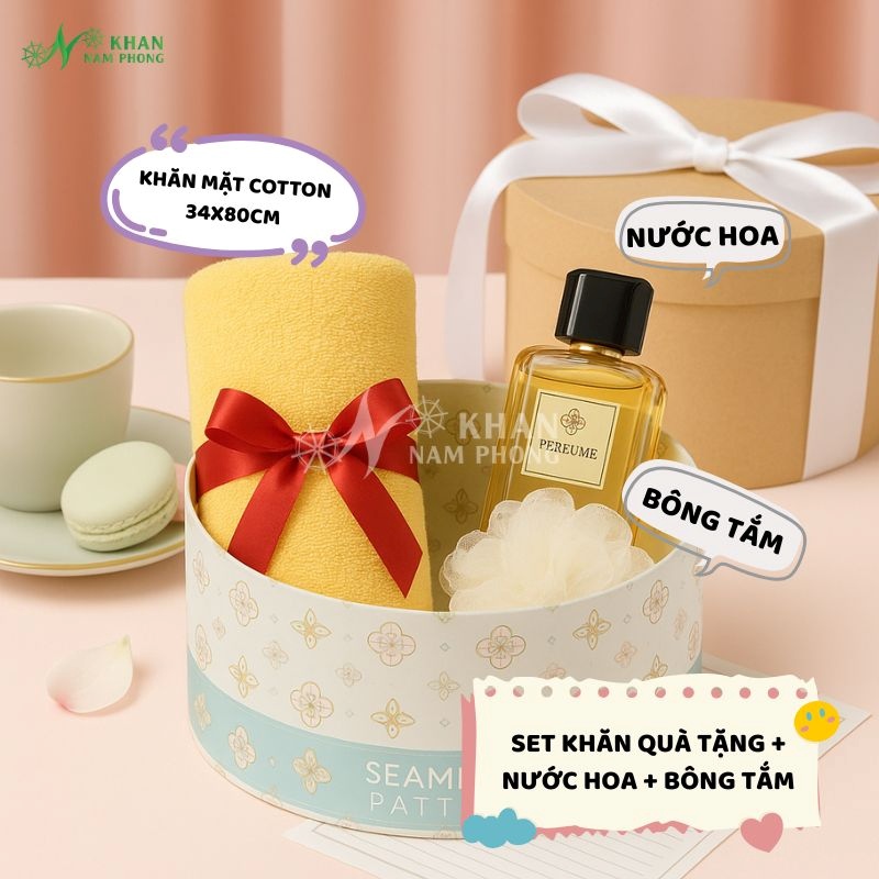 Set khăn mặt nước hoa + bông tắm làm quà tặng cho trường học- SLL