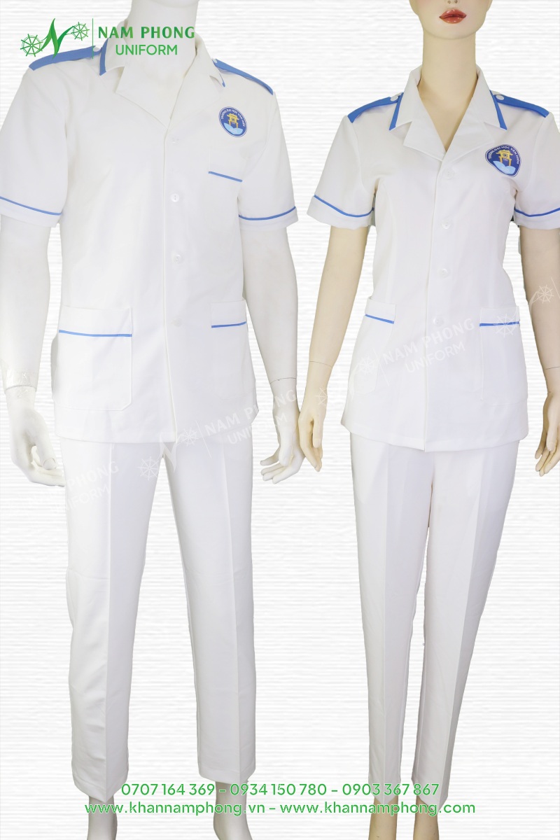Áo blouse cầu vai xanh cho nam và nữ in logo 