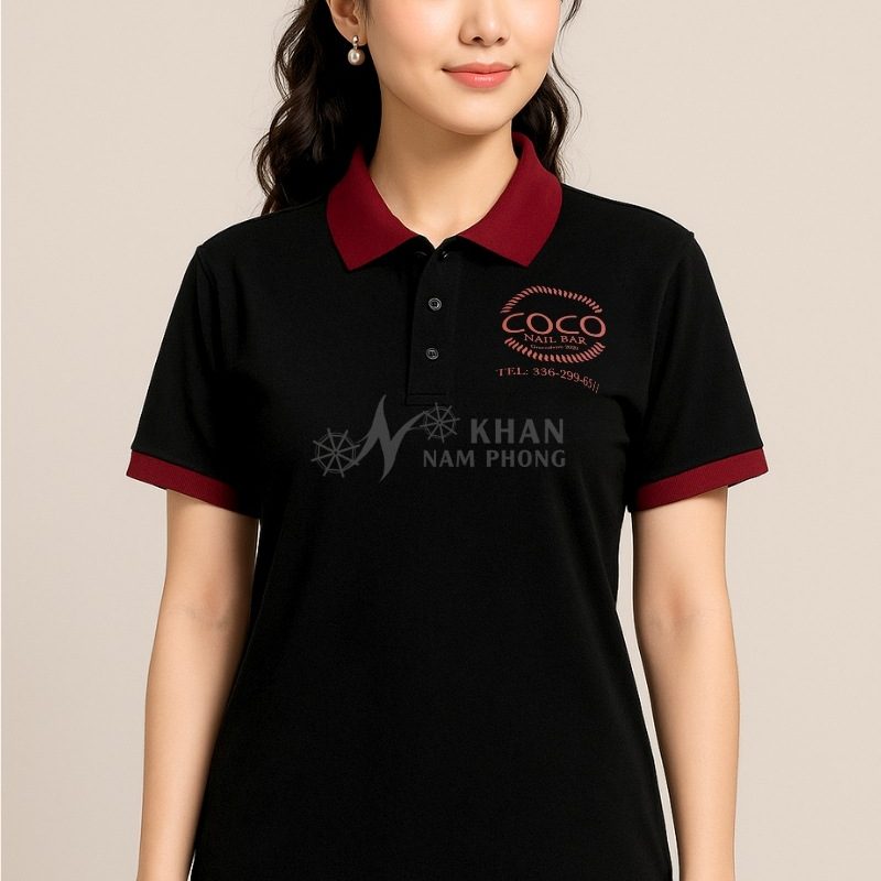 Áo Polo Đồng Phục Làm Nail Màu Đen Viền Đỏ Thêu Logo
