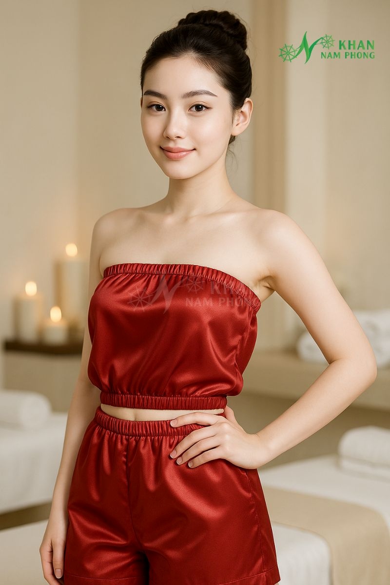 Bộ quần áo giảm béo chuyên dụng cho khách spa màu đỏ chất liệu lụa HQ