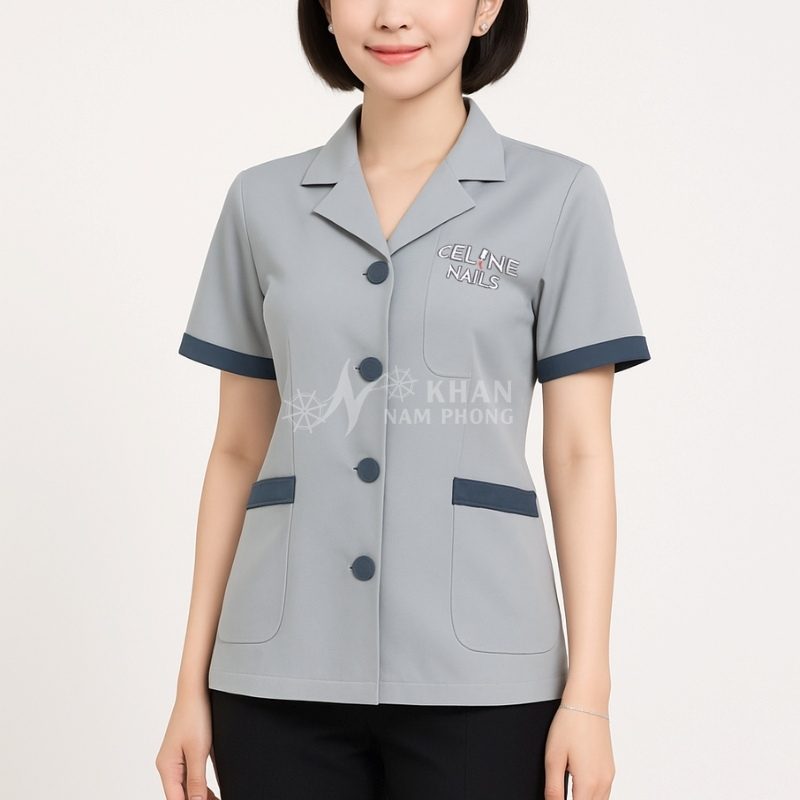 Quần Áo Đồng Phục Làm Nail Màu Xám Cotton Lạnh Thêu Logo