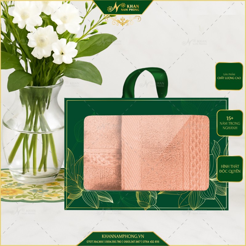 Hộp Quà 2 Khăn V-Bamboo Màu Cam Đất Có Nắp Độc Quyền Cao Cấp 28x50cm & 34x80cm
