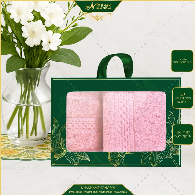 Hộp Quà 2 Khăn V-Bamboo Màu Hồng Cao Cấp 28x50cm & 34x80cm