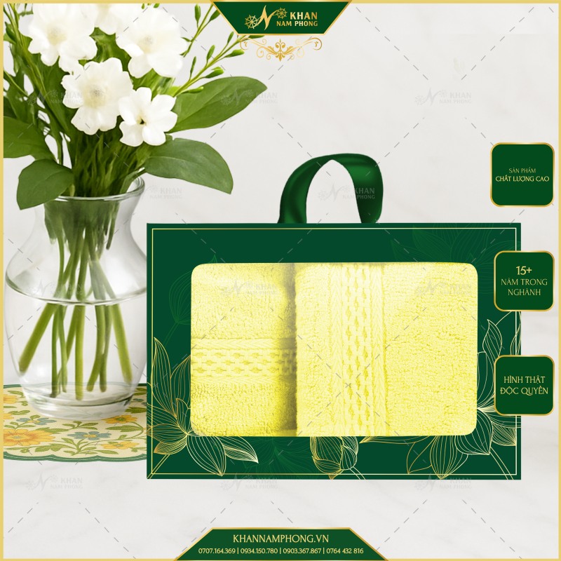 Hộp Quà 2 Khăn V-Bamboo Màu Vàng Cao Cấp 28x50cm & 34x80cm