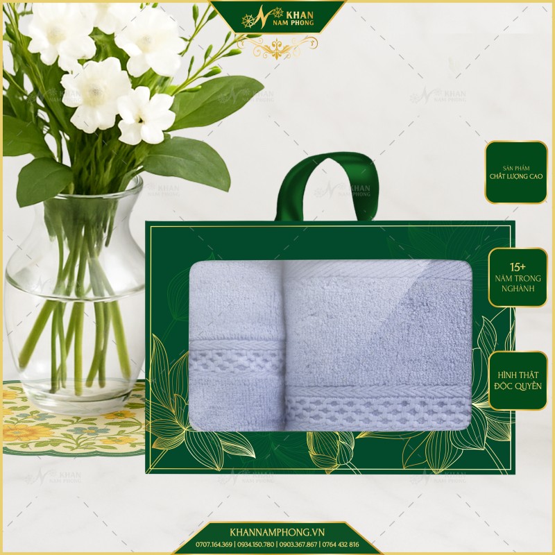 Hộp Quà 2 Khăn V-Bamboo Màu Xám Xanh Cao Cấp 28x50cm & 34x80cm