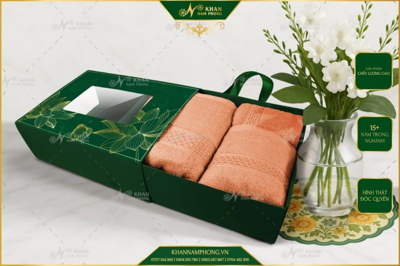 Set 3 Khăn Quà Tặng V-Bamboo 34×80 40×60 60×120 Màu Cam Đất