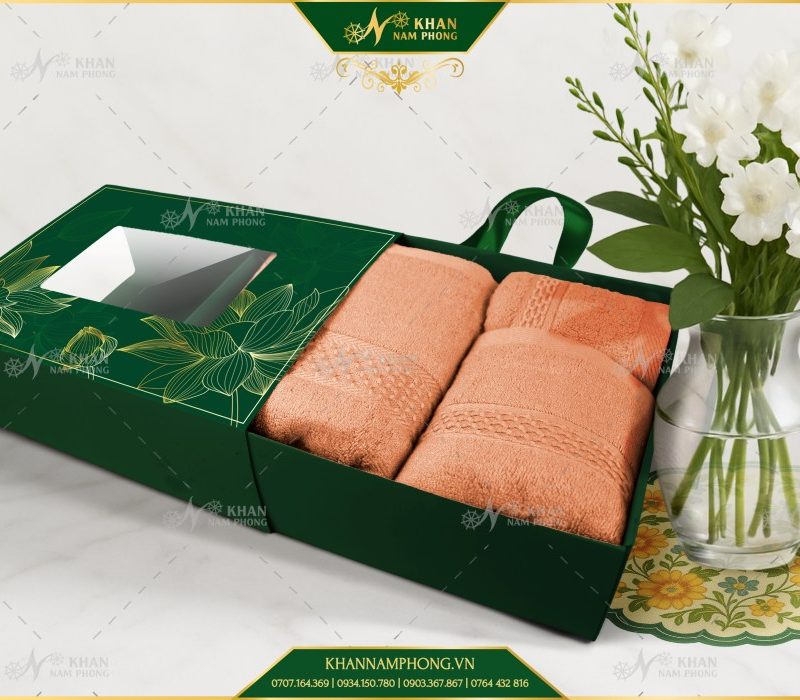 Set 3 Khăn Quà Tặng V-Bamboo 34×80 40×60 60×120 Màu Cam Đất