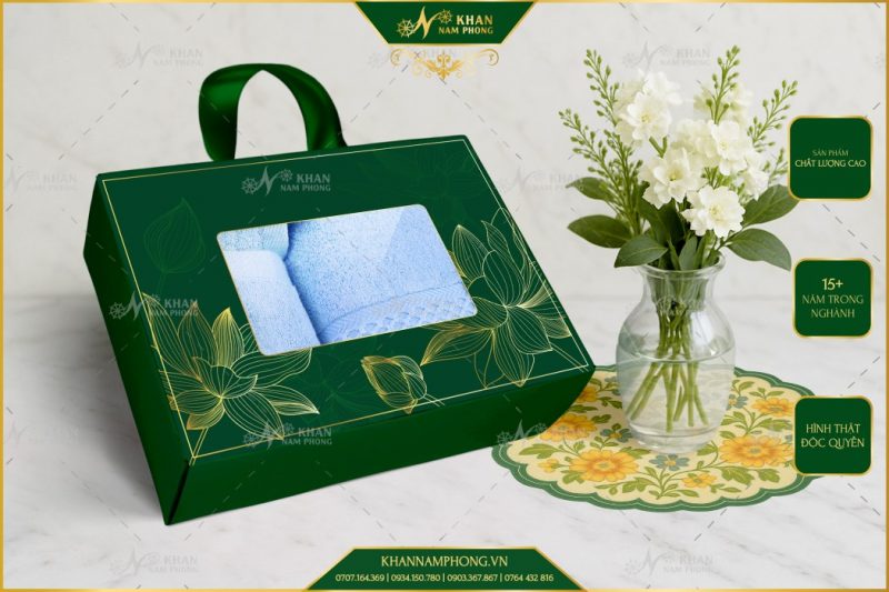 Set 3 Khăn V-Bamboo Tặng Đối Tác 34x80 40x80 60x120 Màu Xanh Trời