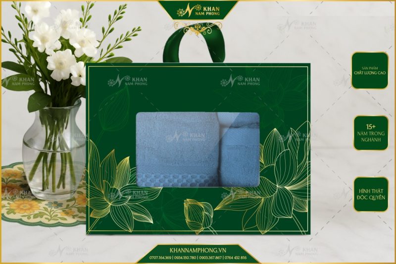 Set 3 Khăn V-Bamboo Tặng Đối Tác 34x80 40x60 60x120 Màu Xanh Vintage