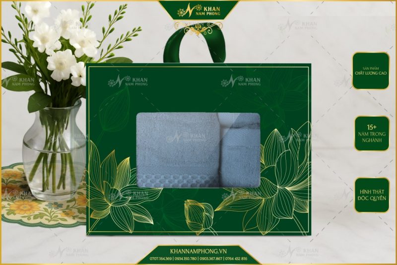 Set 3 Khăn Quà Tặng V-Bamboo 34×80 40×60 60×120 Màu Xanh Bụi